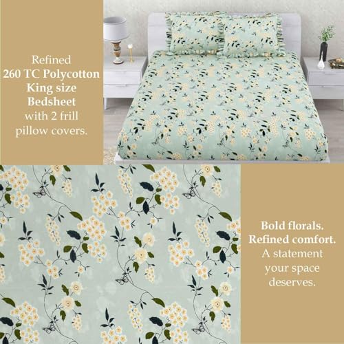Image of 350 TC Premium Heavy Cotton Feel Elastic Fitted Bedsheet King Size with 2 Frill Pillow Covers King Size || Double Bed with All Around Elastic (Green Floral, Queen)