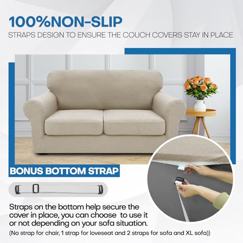 XINEAGE 2025 New 2 Pieces Chair Covers with Arms Super Stretch Chair Slipcover for Living Room Pet Dog Universal Slip Cover Anti Slip Armchair Furniture Protector (Khaki), 31"-46"(1 Cushion)