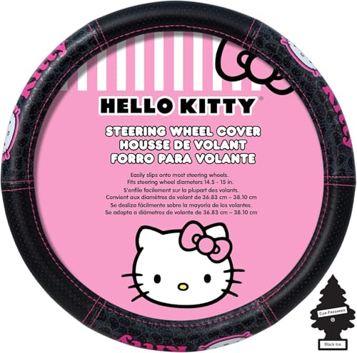 Hello Kitty Car Steering Wheel Cover Collage Design Little Tree Air Freshener Bundle Univesal Fit Standard Size(14 1/2-15 1/4)