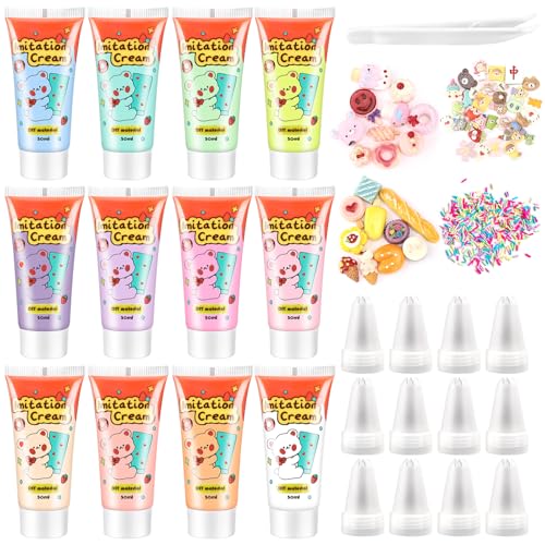 Cream Glue 12 PCS 50ml Simulation Cream Glue with 12 Piping Tip 4 Pack Random Decorating Accessories for DIY Phone Case Craft Party Birthday Gifts