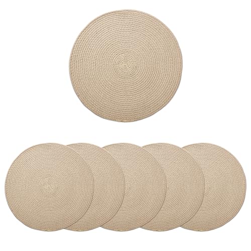 Image of Dining Table Mats Set of 6 | Cotton Table Mat 32 cm Diameter, Encasa XO Washable Round Table Mats, Heat Resistance Dining Table Placemats, Handmade Ribbed Style for Centre Table, Beige