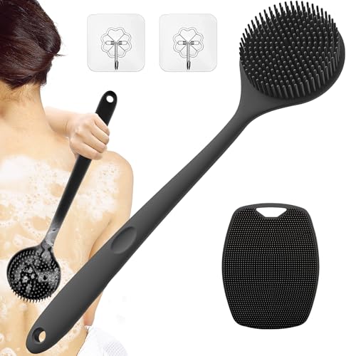 Cepillo Corporal Mango Largo, Corporal de silicona para ducha con mango largo, Cepillo Ducha Espalda, Estimula el drenaje linfático y minimiza la celuliti(Negro)