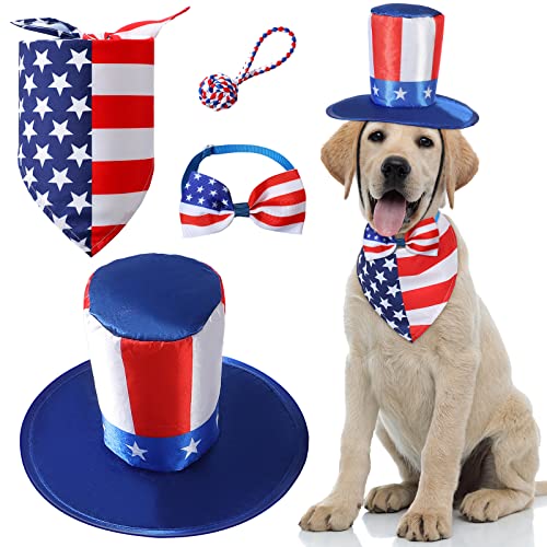 4 Pcs Pet Dog Independence Day Costume Supplies, American Flag Dog Bandana Dog Rope Toy Dog Bow Tie Collar 4th July Pet Hat Handled Rope with Attached Ball Dog Triangle Bib Scarf Top Hat for Puppy Cat