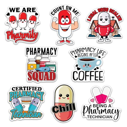 Image of Pharmacy Sticker 8 Pcs (Large Size) Vinyl Stickers Laptop Waterproof Decal for Car Bumper Water Bottle Notebook Luggage Window Funny Party Birthday Decorations - Size 4 Inches