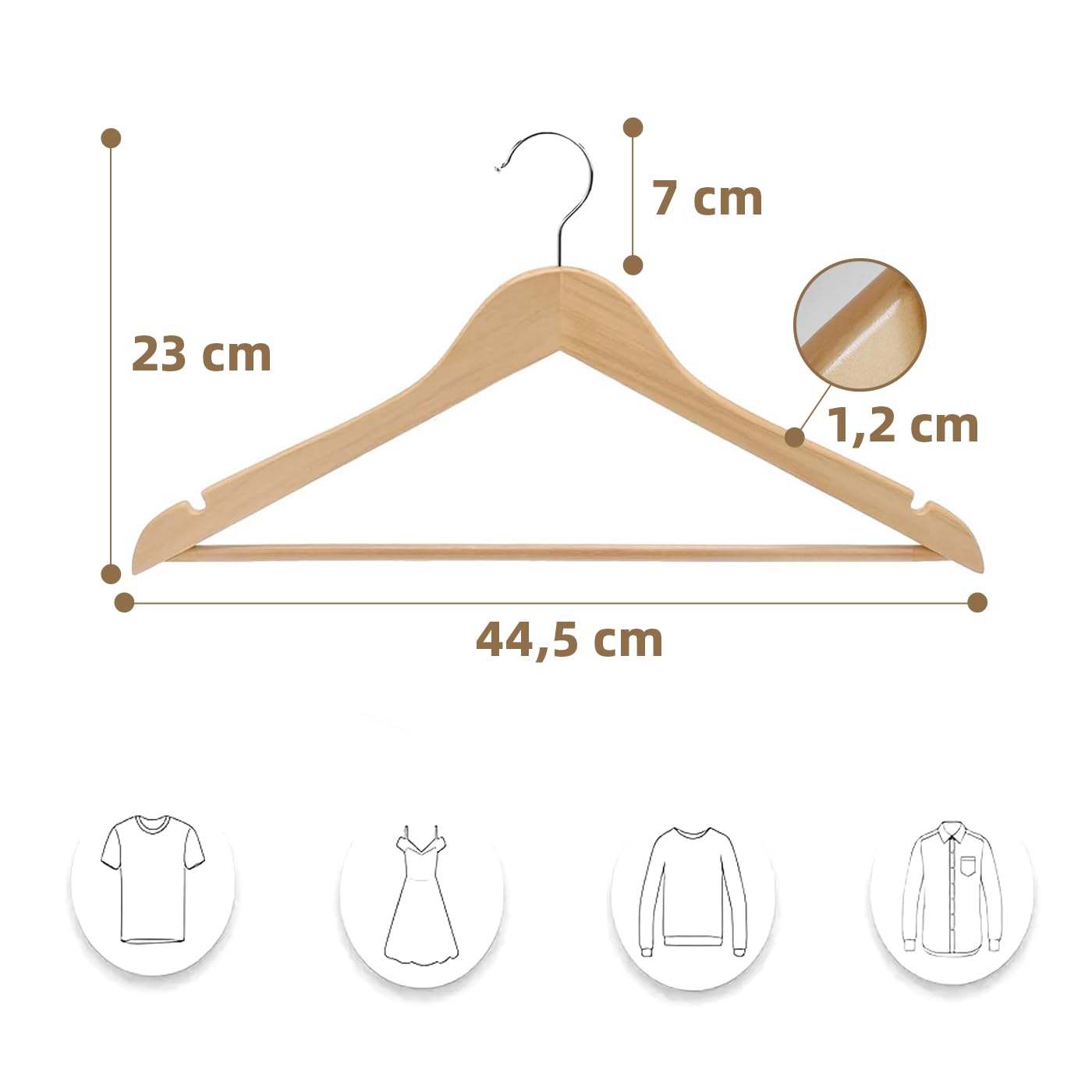 ACCRUX-Perchas de Madera Color Natural, Colgador Antideslizante con Barra para Pantalones y Trajes, Gancho Giratorio 360º y Muescas Antideslizantes para Vestidos y Blusas. (Madera, 6 Unidades)