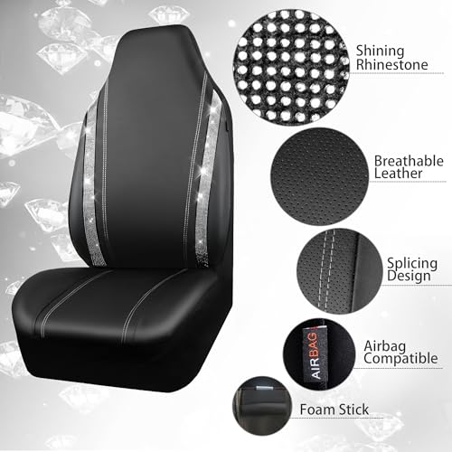 Image of CAR PASS Leather Car Seat Covers Front Two Tesla Model 3 Model Y, Bling Waterproof Universal fit High Back Bucket Diamond Shining Glitter Crystal Sparkle, Truck SUV Cute Women Girl, Silver Rhinestone