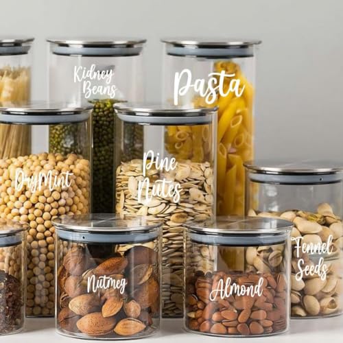 Image of CVANU 205pcs Spice Label Jar Sticker All Name in Stylish Font White Color On Clear Self-Adhesive Vinyl Ingredient Labels for Kitchen Containers, 205 Labels