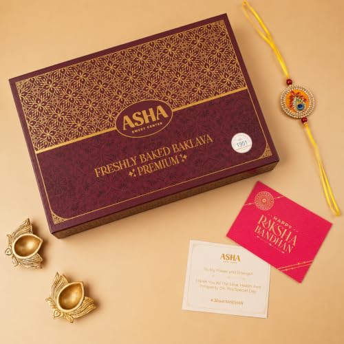 Image of ASHA SWEETS Rakhi Celebration Combo Pack with Baklava (500gm), 1 Handmade Rakhi & Wish Card Set for Gifting to Brother & Sister |Premium Rakhi Festive Gift Box for Family & Friends & Pets