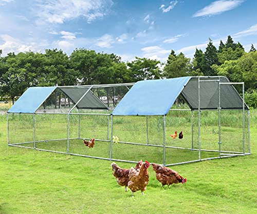Large Metal Chicken Coop Run Duck House Outdoor Walk-in Poultry Cage Rabbits Habitat Cage Flat Shaped with Waterproof Cover for Backyard Farm Use 9.2’L x 24.9’W x 6.4’H
