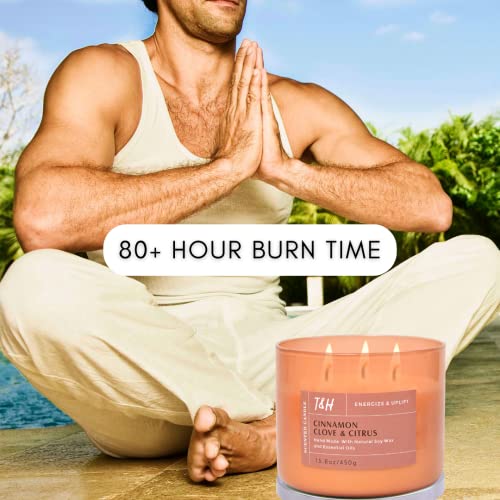 Cinnamon Clove Citrus Scented Candle With Vanilla, Ginger & Cedarwood | Highly Scented 3 Wick Soy Candles For Home 15.8 Oz | Large Relaxing Aromatherapy Candle For Men & Women, Natural Cinnamon Candle #TOP3