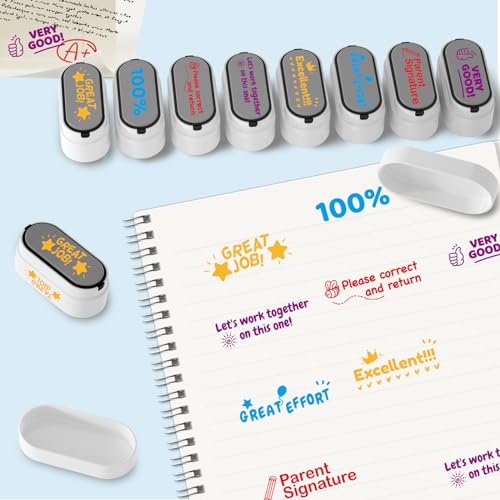 Image of 8-in-1 Teacher Stamps for Grading, Classroom & Homework - Colorful Self-Inking Set
