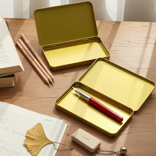 Image of Geiserailie 4 Pack Rectangular Metal Tin Box with Lid Metal Hinged Lid Tin Mini Paint Storage Box Empty Container Storage for Watercolor Jewelry Pen Candy Craft Organizer 7.0 x 4.2 x 0.6'' (Gold)