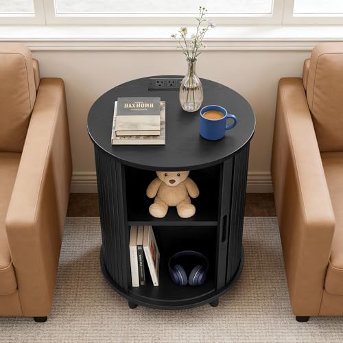 Image of DHH End Table Set of 2 with Storage & Charging Station, Fluted Accent Side Table with Sliding Door & Adjustable Shelf, Mid-Century Nightstand for Small Spaces, Living Room, Bedroom(2, Black)