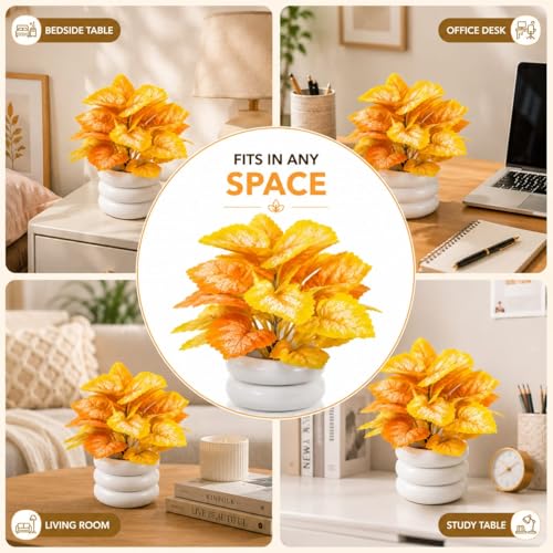 Image of Artificial Mini Potted Plant with Premium White Ceramic Style Pot - Vibrant Orange-Yellow Faux Desk Plant for Home Decor, Office Table, Living Room & Study Room Aesthetic, Washable & Zero Maintenance