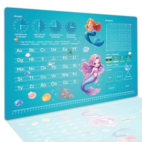 Vade de escritorio para niñas – Alfombrilla de aprendizaje con diseño de sirena ABC – Tamaño 60 x 40 cm – Suave piel sintética – Se limpia con un paño – Resistente al aceite y las manchas