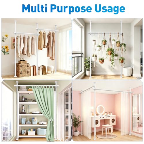 Image of SUNALLY Room Divider Tension Curtain Rod, No Drilling Room Separator for Space Partition, 4-10ft(H) 32-200inch(W) Adjustable Heavy Duty Temporary Wall Divider Floor to Ceiling Tension Rod, White
