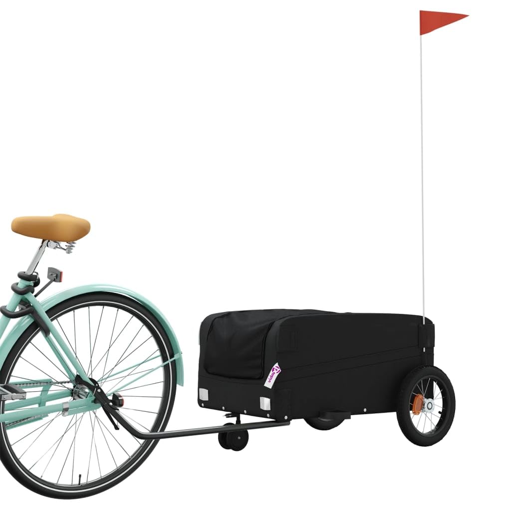 Remolque de bicicleta negro de hierro 30 kg de capacidad de carga, plegable con acoplamiento y barra de remolque, adecuado para niños, perros, equipaje, transporte al aire libre, ciclismo