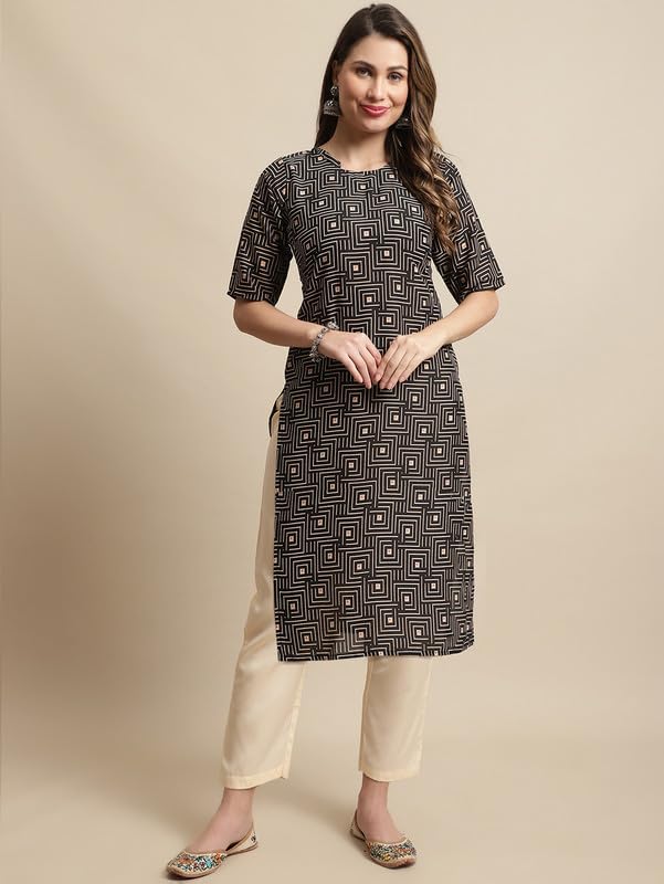 Pinkmint Kurta Set For Women Cotton Printed Knee Length Straight Round Neck Kurti With Pant (Pack Of 1) Black-Cream