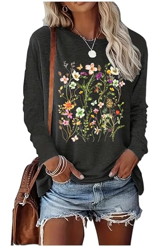 Women's Flowers Plants Graphic Shirts Vintage Casual Boho Floral Graphic Tees for Women Wildflowers Long Sleeves Shirt Tops(Floral/Grey,L)