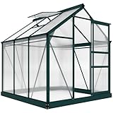 Outsunny 6' x 6' Greenhouse for Outdoors, Polycarbonate Greenhouse with Rain Gutter and Roof Vent, Aluminum Walk-in Green Houses with Push Door for Outside for Patio Backyard Garden, Dark Green