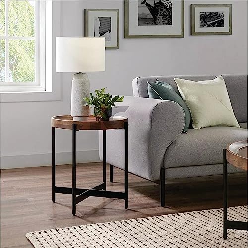 Image of Hamdan Round Coffee Table,Rustic Wood with Storage Shelf, Modern Farmhouse Circle Coffee Table Tray Table with Sturdy Metal Legs Home Furniture-Black Walnut