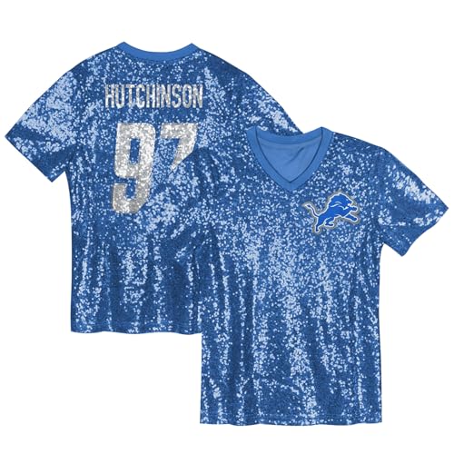 Outerstuff Girls Youth Aidan Hutchinson Blue Detroit Lions Sequin V-Neck Fashion Jersey