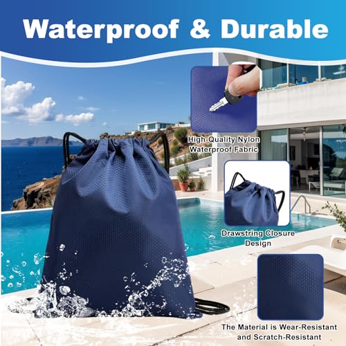 Image of 5-Pack Waterproof Drawstring Backpacks, Soccer-Texture Oxford Fabric, 16.9 inch x 13.8 inch, Lightweight 0.20 lb Each, No Eyelets, Gym & Marathon Gear Sacks(Navy Blue)
