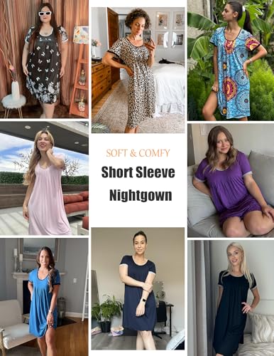 Image of Ekouaer Women's Nightgown Short Sleeve Sleepwear Comfy Sleepshirts Pleated Scoopneck Nightshirt S-XXXL
