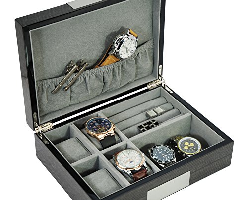 Grey Ginko Lacquered Wood Watch Cufflink Case & Ring Storage Organizer Men's Jewelry Box Father's Day #TOP3