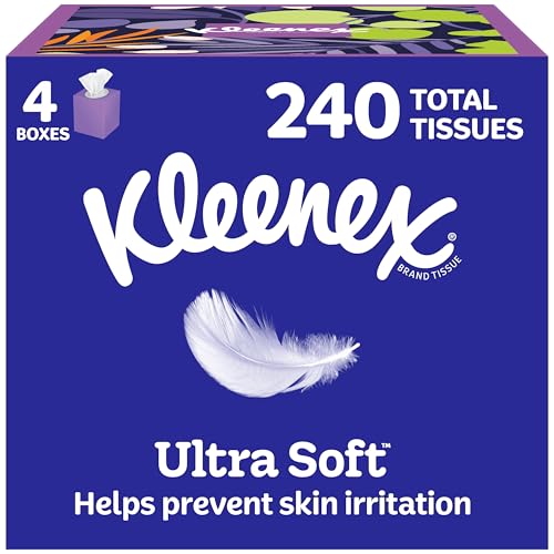 Kleenex Ultra Soft Facial Tissues, 4 Cube Boxes, 60 Tissues per Box, 3-Ply (240 Total), Packaging May Vary