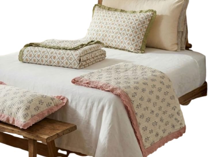 Floral Quilted Bedspread Set with Pillow Covers, Ruffled Edge, Beige and Pink, Boho Cottage Style-image-16