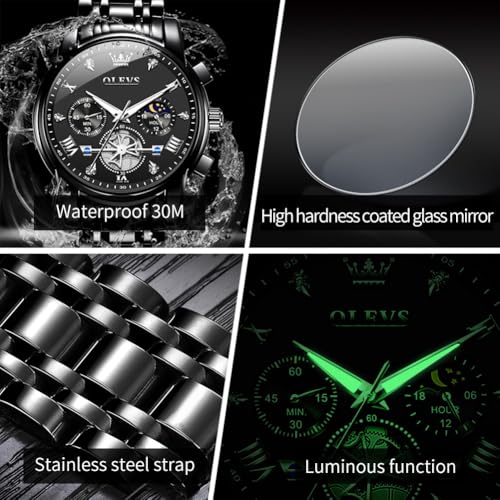 Image of OLEVS Men Watches Stainless Steel Chronograph Watch, Large Wrist Analog Quartz Watch, Fashion Waterproof Diamond Roman Numerals Dress Watches for Men, Gold /Black /White /Blue /Grey Dial