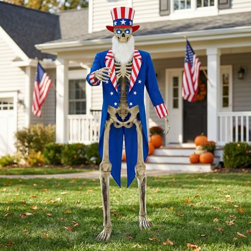 OceanCamel 3 Pcs 12ft Skeleton Outfit Set Patriotic Uncle Style Costume with Stars Top Hat Tailcoat and White Beard for Giant Skeleton Halloween Outdoor Decor Fourth of July Lawn Decoration