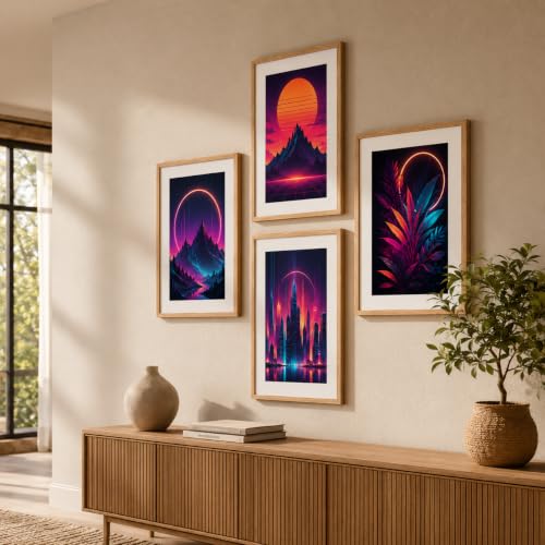 Image of Livin'luxe Set of 4 Neon Mountain City & Botanical Wall Paintings with Sparkle Laminate and Premium Wooden Synthetic Frame for Living Room Bedroom Office Decor (13.5 x 19.5 Inch)