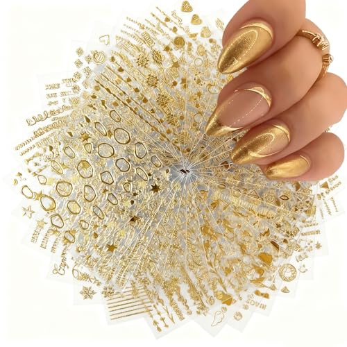 30 Sheets Gold Gothic Nail Stickers for Nail Art 3D Self Adhesive Gold Line Star Snowflake Diamond Shell Designs Decals Decorations Accessories for Women Girls