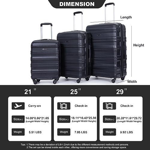 Expandable 3 Piece Luggage Sets PC Lightweight & Durable Suitcase with Two Hooks, Spinner Wheels, TSA Lock, (21/25/29, Black)3
