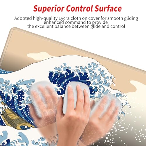 Image of Gaming Mouse Pad Large Mousepad Japanese Sea Wave Desk Mat XXL Big Desk Pad 31.5x15.75 Rubber Base Computer Pad with Stitched Edges Mouse Mat for Work Game Home Office