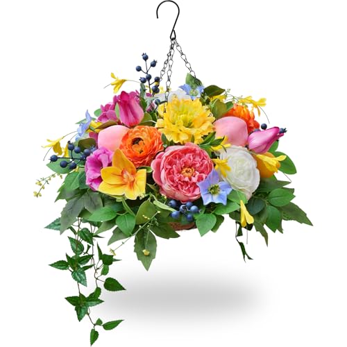 Soomeir Artificial Hanging Flowers Basket for Outdoor, Faux Hanging Plants, Garden-Style Mixed Blooms with Roses, Dahlia & Gerbera, Decorative Fruit & Lush Greenery for Porch, Patio, Balcony by Soomeir - Used condition - US$23.99