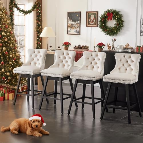 Image of Beige Swivel Bar Stools, Velvet Counter Height Bar Stools Set of 4