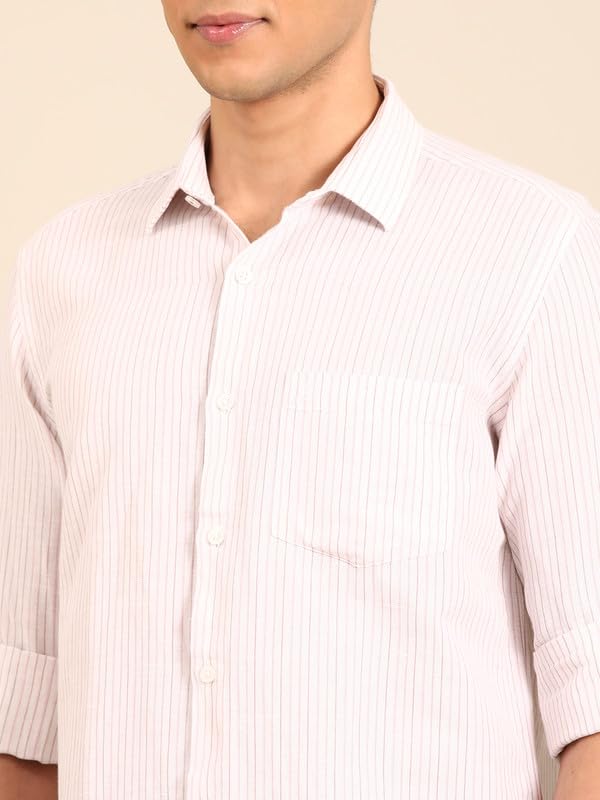 Image of Linen Club Men's Linen Rich Pink Striped Contemporary Fit Full Sleeve Casual Shirt