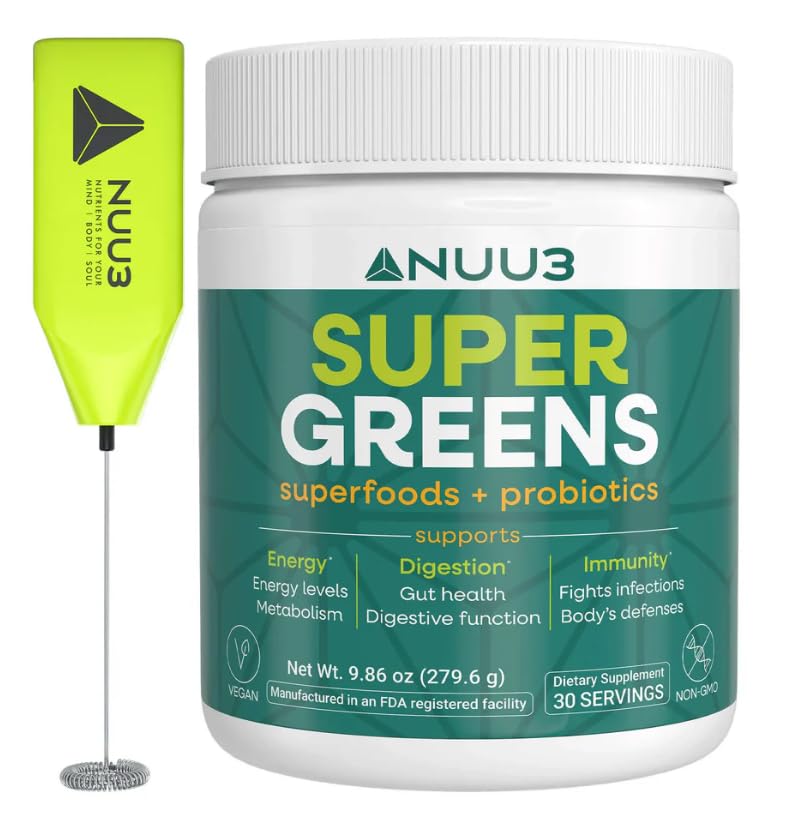 NUU3 Super Greens Superfoods + Probiotics - Immune Support, Improved Energy & Gut Health Digestive Enzymes - Boosts Immunity - 30 Servings (Unflavored