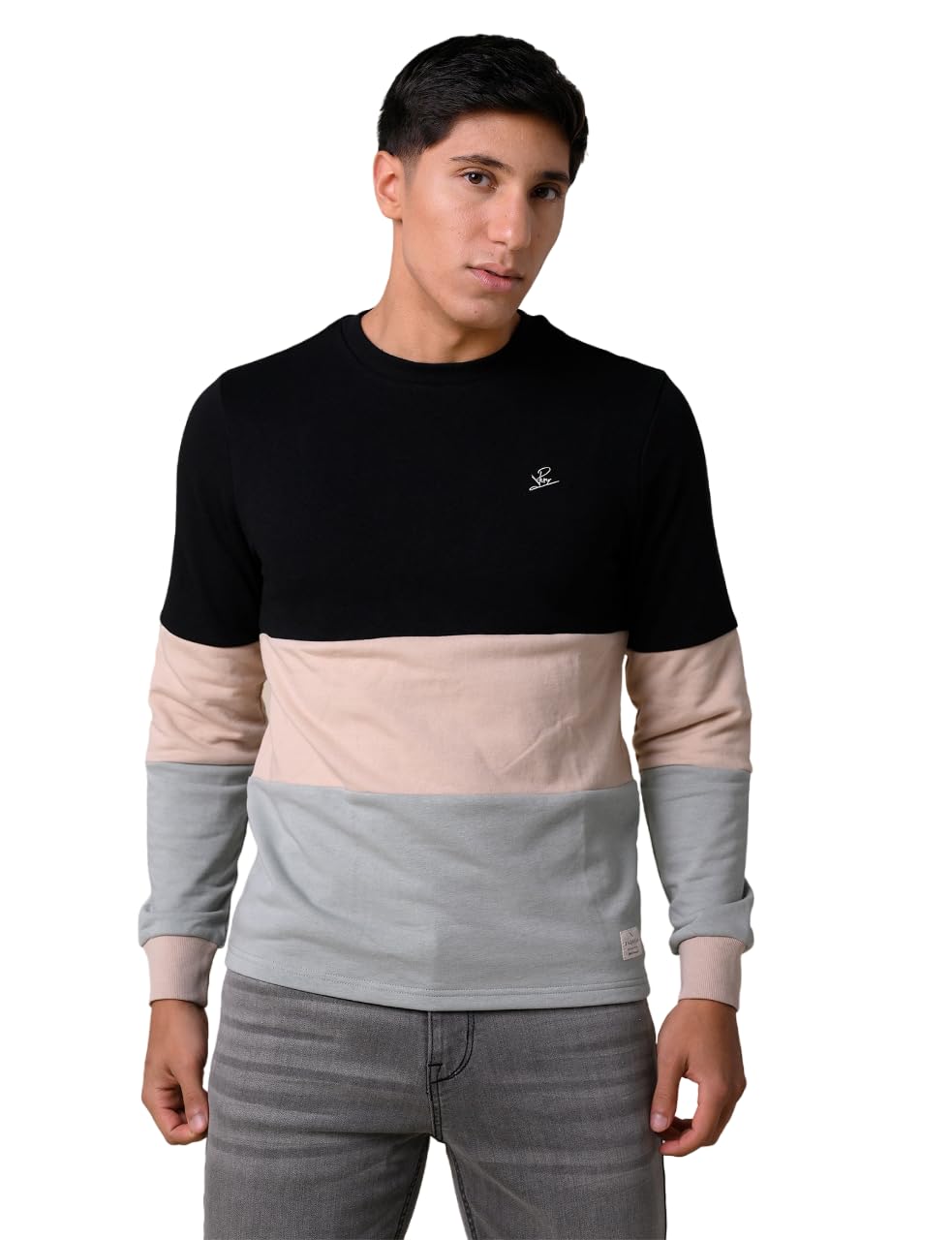 Enorsia Long Sleeves Colourblock T-Shirt With Crew Neck and Ribbed Design On The Cuffs - Black, XL