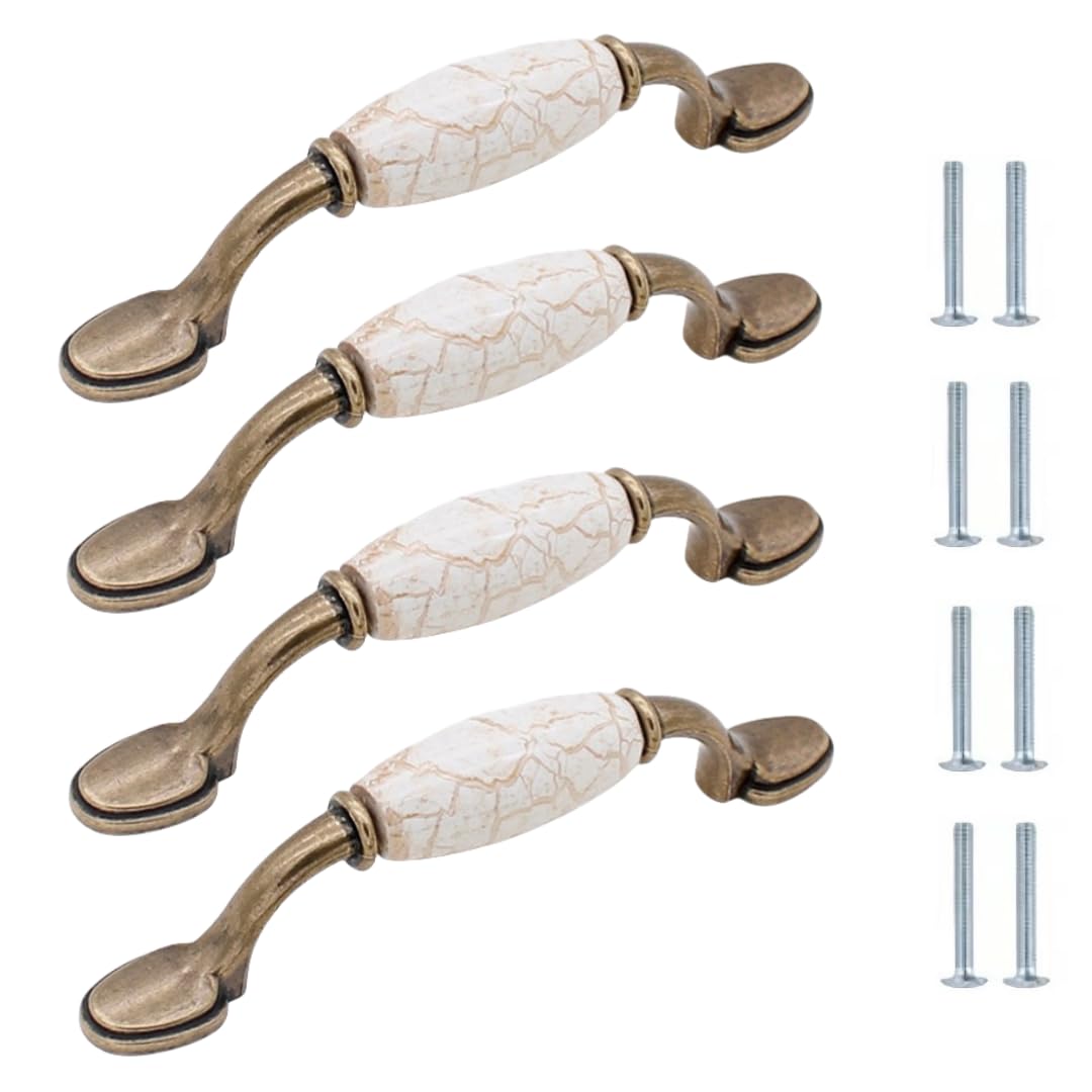 LQZAXSRDR Ceramic Cupboard Drawer Handle Knobs, Ceramic Zinc Alloy Door Knobs Cabinet Handles Fine Yellow Marble Multiple Sizes 4 Pcs(145 * 30mm)