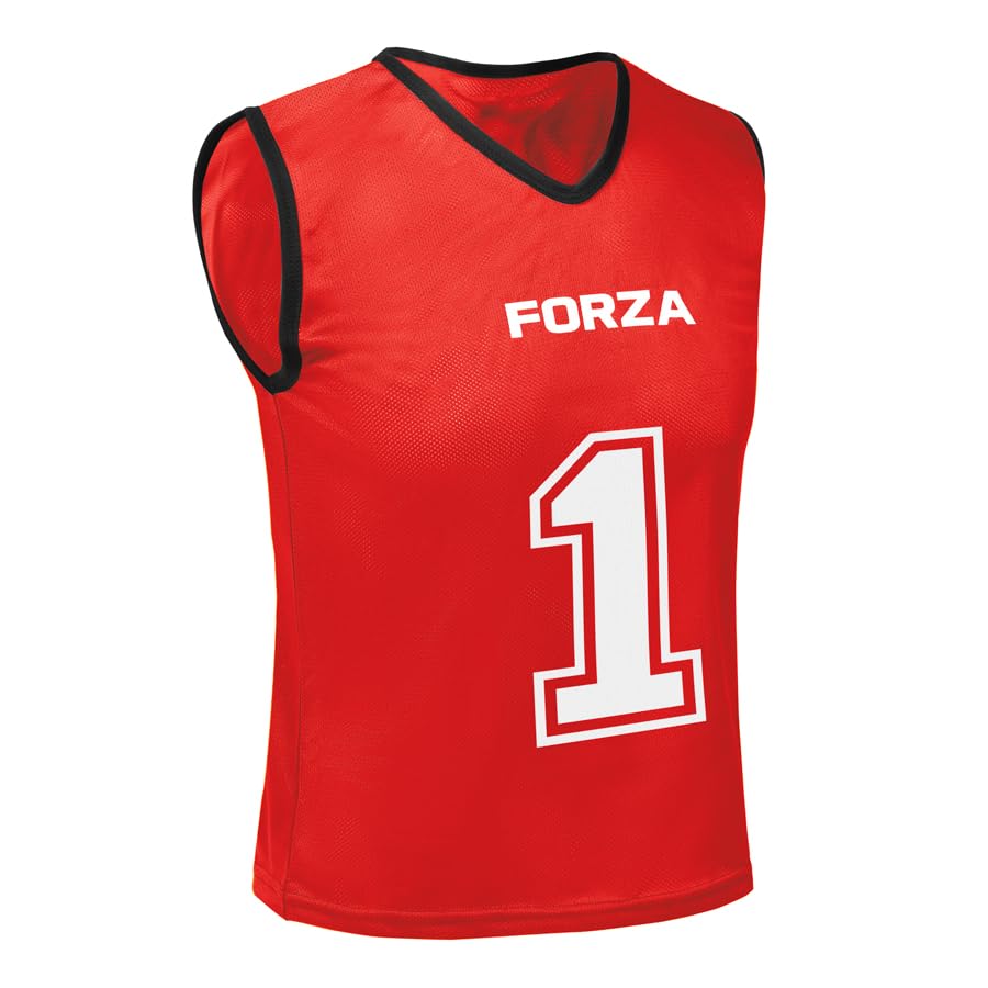 FORZA Premium Numbered Bibs – Polyester Training Vests for Sports Teams [1-23] (Numbered 1-11, Red, Adult S/M)