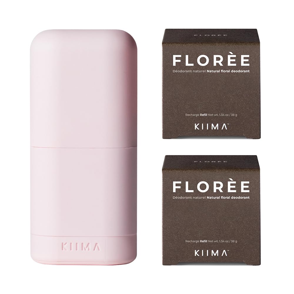 KIIMA Refillable Deodorant Florèe Starter Kit 1 Applicator 2 Refills, Premium Natural Deodorant For Women formulated without Aluminum or Parabens, Long-lasting and Odor Protection 38g (Pack of 2)