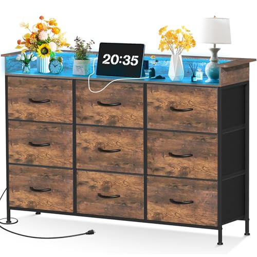 Lista de Cómodas altas para comprar online. 43 FURRIFIC Comoda Cajonera para Recamara, Cómoda de Dormitorio con 9 Cajones, Comodas y Cajoneras con 2 Salidas y 2 USB Luces Led, Organizador de Estructura Metal, Almacenamiento de...