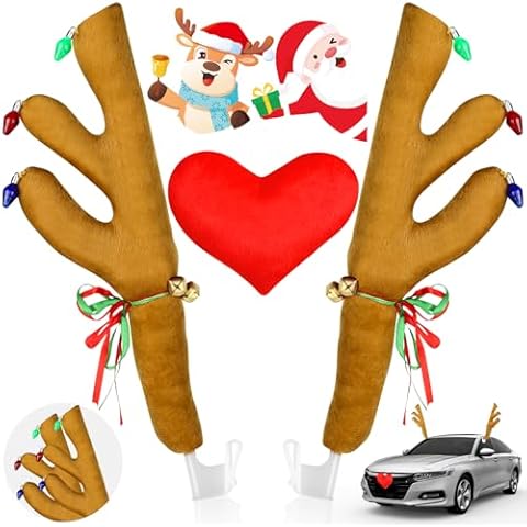 Hydencamm Reindeer Car Kit for Christmas with Nose, Christmas 4 Window Sticker, Car Antlers and Nose for Car Window Roof-Top & Front Grille, Auto Holiday Decoration Reindeer for Car SUV Van Truck Cover
