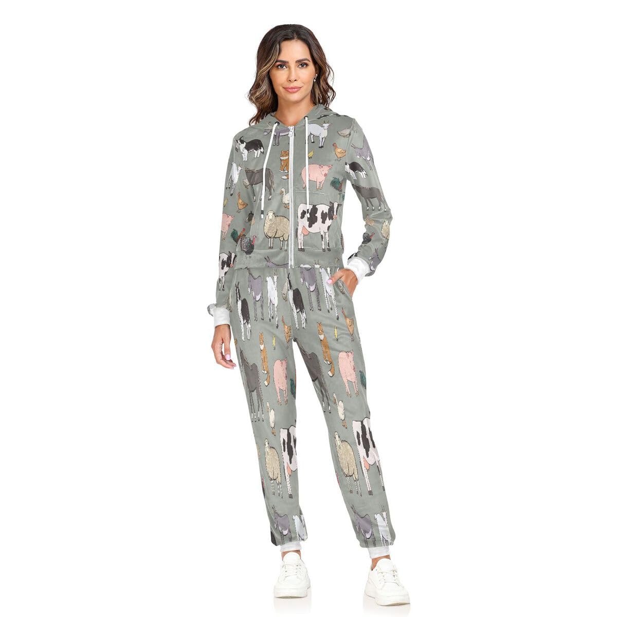 Conjunto deportivo de 2 piezas para mujer, diseño de caballo, vaca, oveja, cabra, manga larga, color gris