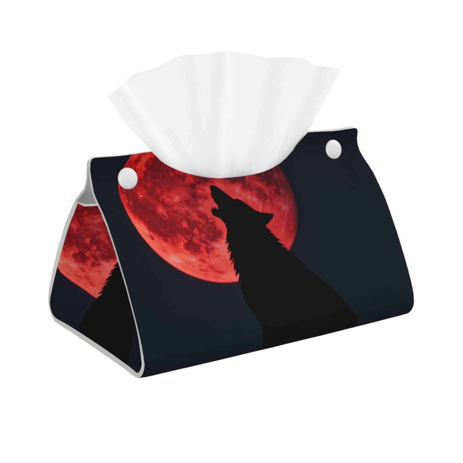 Blood Moon Wolf Long Leather Tissue Box Cover-Waterproof PU Leather Tissue Holder for Bathroom, Decorative Rectangular Tissue Case
