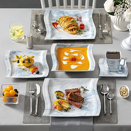 Image of MALACASA Dinnerware Sets for 6, 30 Piece Porcelain Plates and Bowls Sets, Square Dish Set with Dinner Plate and Bowl, Cup and Saucer, Blue Dishes Dinnerware Set, Modern Dishware Sets, Series Flora